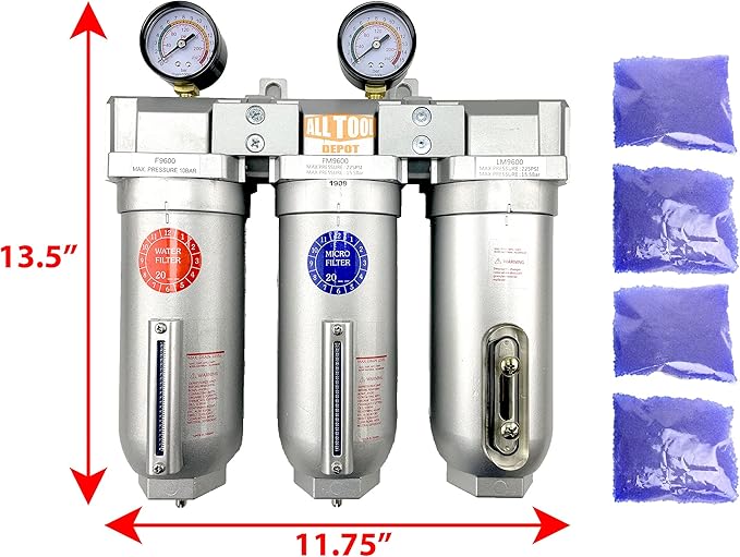 3/4" NPT SUPER DUTY Industrial Grade 3 Stages Filter Coalescing Desiccant Dryer System For Compressed Air Lines, Metal Bowls, Great For Paint Spray And Plasma Cutter (MANUAL DRAIN)