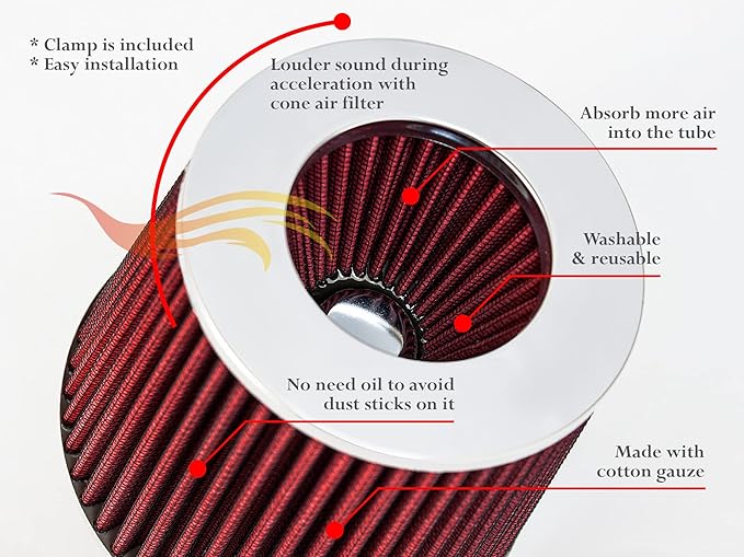 RED 3.5" 89 mm Inlet Narrow Air Cone Replacement Performance Washable Clamp-On Dry Air Filter