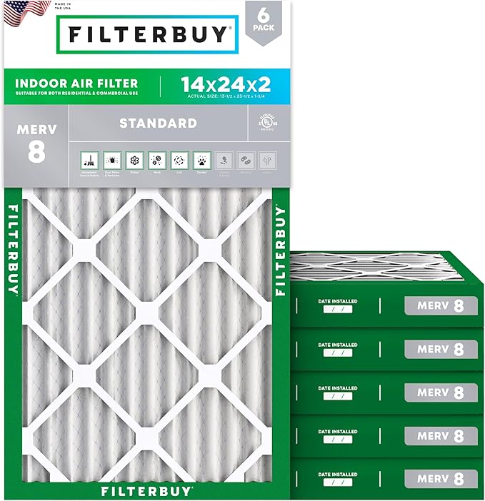 Filterbuy 14x24x2 Air Filter MERV 8 Essential Dust & Allergy Defense (6-Pack), Electrostatic Pleated HVAC AC Furnace Filters Replacement, Made in USA (Actual Size: 13.50 x 23.50 x 1.75)