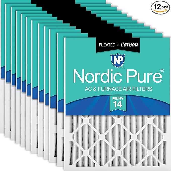 Nordic Pure 20x25x2 (Actual Size: 19 1/2 x 24 1/2 x 1 3/4) Pleated Air Filters MERV 14 Plus Carbon 12 Pack