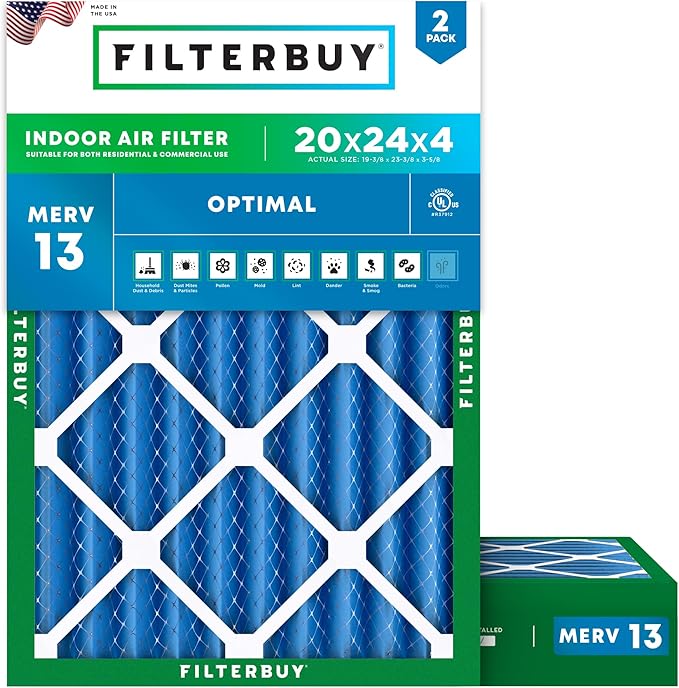 Filterbuy 20x24x4 Air Filter MERV 13 Optimal Smoke & Allergy Defense (2-Pack), Electrostatic Pleated HVAC AC Furnace Filters Replacement, Made in USA (Actual Size: 19.38 x 23.38 x 3.63)