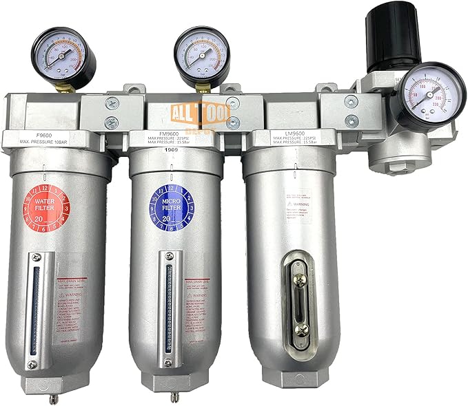 3/4" NPT SUPER DUTY Industrial Grade 4 Stages Filter Coalescing Desiccant Dryer Regulator System For Compressed Air Lines, Metal Bowls, Great For Paint Spray And Plasma Cutter (MANUAL DRAIN)