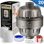 AquaHomeGroup 20 Stage Shower Head Filter with Vitamin C E A for Hard Water - High Output Filter to Remove Chlorine and Fluoride - 2 Replacement Cartridges - Consistent Flow Showerhead Filter
