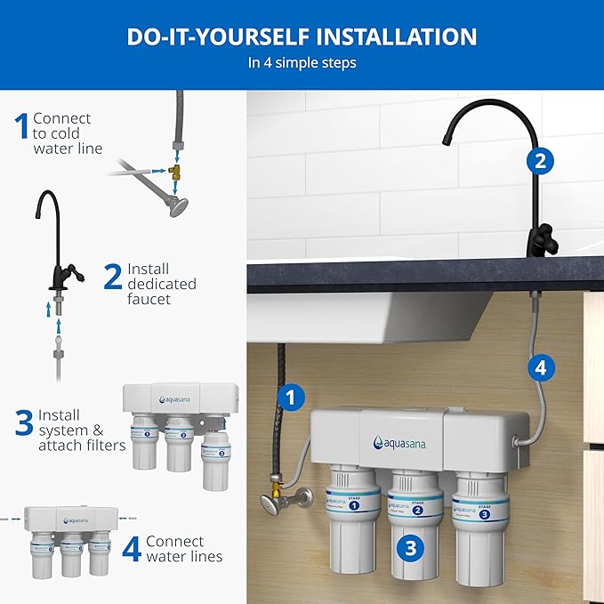 Aquasana Under Sink Water Filter | 3-Stage Claryum Filtration | Reduces up to 99.99% of PFAS, Lead, Chlorine, & More | Under Counter Drinking Water Filter | Includes Chrome Faucet | AQ-6300-CHR