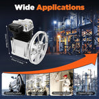 Air Compressor Pump Head, 2HP Air Compressor Pump-Head, 1500W Portable 52.83Gal/Min 10.24in Pulley Outer Diameter Aluminum Painting Twin Cylinder W/oil drain plug, Air Filter Muffler
