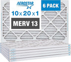 Aerostar 10x20x1 MERV 13 Pleated Air Filter, AC Furnace Air Filter, 6 Pack (Actual Size: 9 1/2" x 19 1/2" x 3/4")