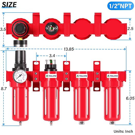 TAILONZ PNEUMATIC 0-150PSI 1/2 Inch NPT Red Industrial Grade 4 Stage Air Drying System, Particulate Filter, Coalescing Filter, Double Desiccant Dryer and Air Regulator (Manual Drainage)
