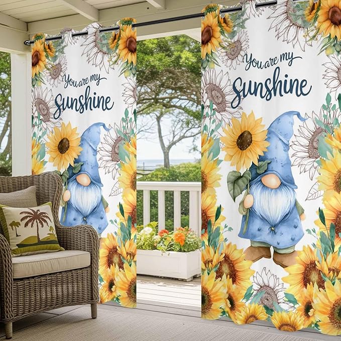 Summer Outdoor Curtains for Patio Sunflowers Gnome Eucalyptus Leaves Waterproof Outside Curtains with Grommet Top Weatherproof Curtain for Cabana Pergola Gazebo, 1 Panel, 54" W x 95" L