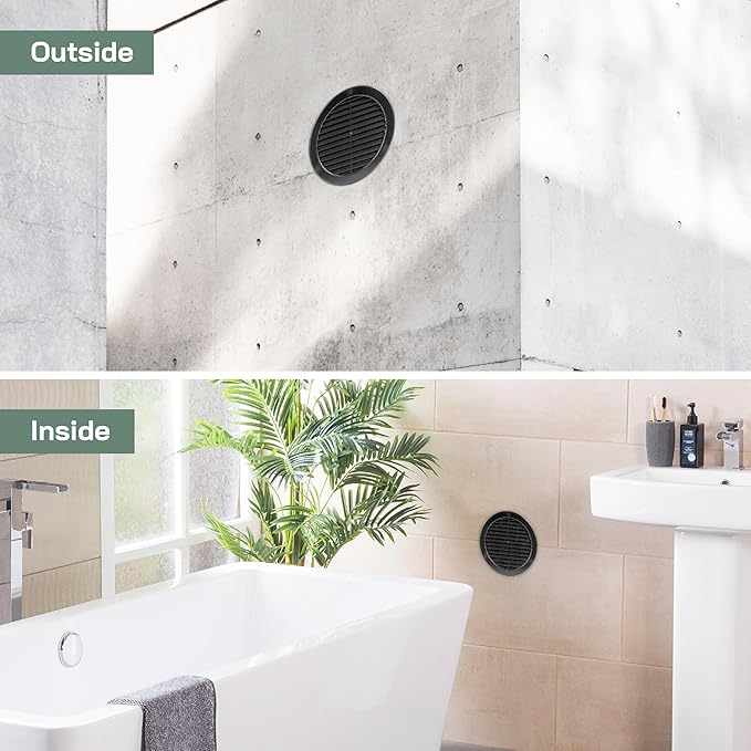 Vent Systems 6" Inch (Opening Dimensions) - Pack of 2 - Black Soffit Vent Cover - Plastic Round Air Vent Grille - Built-in Mesh Screen - HVAC Register Louver for Bathroom, Home, Kitchen