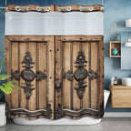 Wood Barn Door No Hook Shower Curtain with Snap in Liner Set, Waterproof Shower Curtains for Bathroom, Wooden Plank Fabric Shower Curtain, See Through Mesh Top Window, 72" W x 78" L