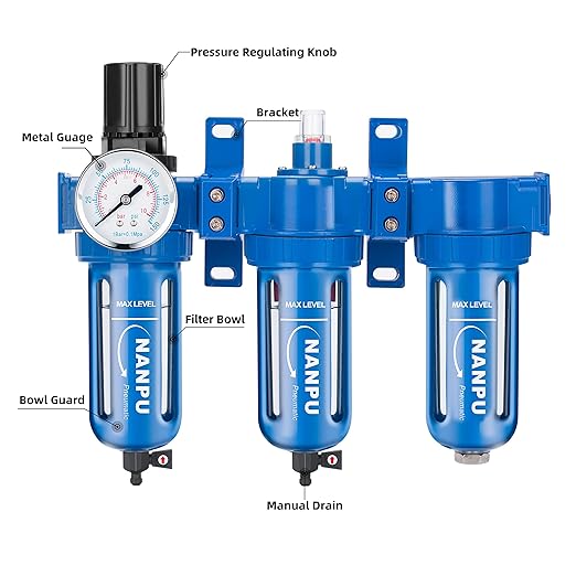 NANPU Zinc Alloy 3 Stage Air System - Particulate Filter, Coalescing Filter, Desiccant Dryer & Air Regulator, Poly Bowl, Manual Drain, Mid Flow, Suitable for Paint Spray & Plasma Cutter (1/4" NPT)
