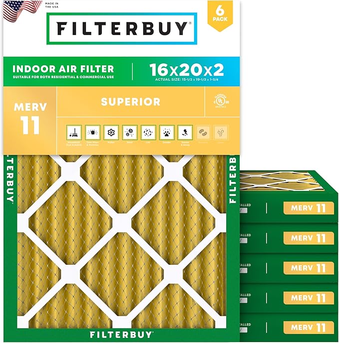 Filterbuy 16x20x2 Air Filter MERV 11 Superior Pet & Allergy Defense (6-Pack), Electrostatic Pleated HVAC AC Furnace Filters Replacement, Made in USA (Actual Size: 15.50 x 19.50 x 1.75)