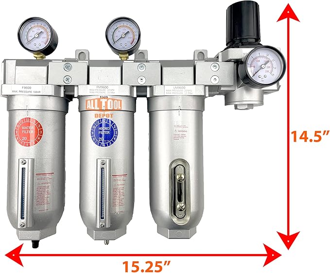 1" NPT SUPER DUTY Industrial Grade 4 Stages Filter Coalescing Desiccant Dryer Regulator System For Compressed Air Lines, Metal Bowls, Great For Paint Spray And Plasma Cutter (AUTO DRAIN)