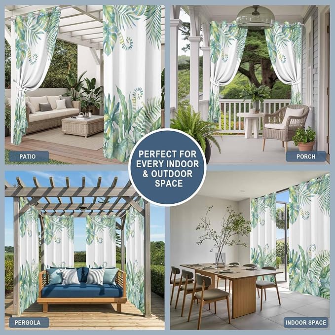 Leaves Outdoor Curtains for Patio Green Leaf Tropical Plants Farmhouse Pastoral Waterproof Outside Curtains with Grommet Top Weatherproof Curtain for Cabana Pergola Gazebo, 2 Pack, 54" W x 95" L