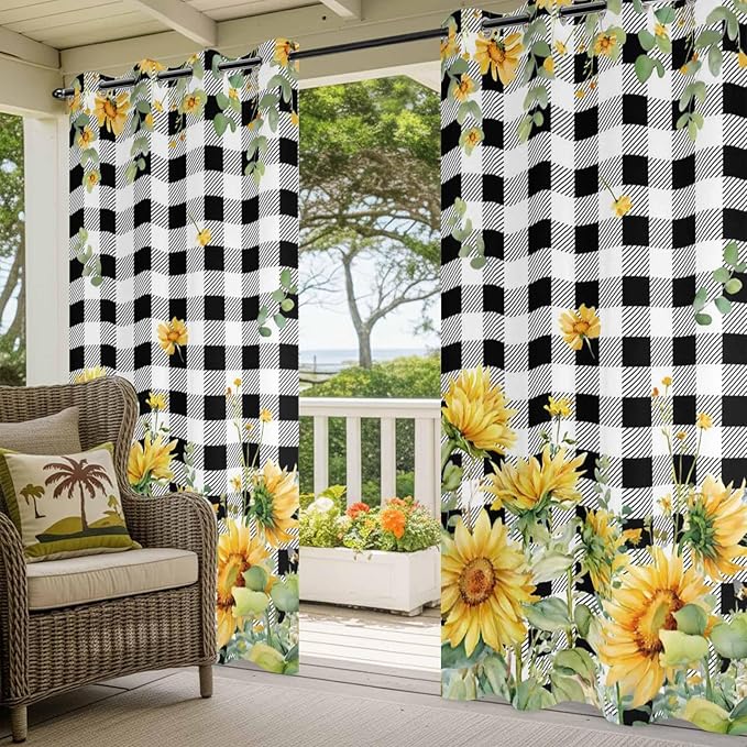 Sunflowers Outdoor Curtains for Patio Summer Floral Eucalyptus Leaf Buffalo Check Waterproof Outside Curtains with Grommet Top Weatherproof Curtain for Cabana Pergola Gazebo, 1 Panel, 54" W x 84" L