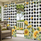 Sunflowers Outdoor Curtains for Patio Summer Floral Eucalyptus Leaf Buffalo Check Waterproof Outside Curtains with Grommet Top Weatherproof Curtain for Cabana Pergola Gazebo, 1 Panel, 54" W x 95" L