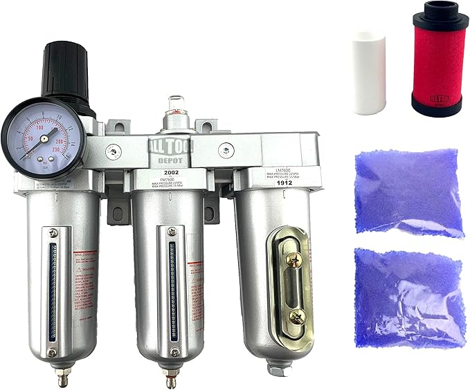 3 STAGE, HEAVY DUTY INDUSTRIAL GRADE FILTER REGULATOR COALESCING DESICCANT DRYER SYSTEM FOR COMPRESSED AIR LINE, METAL BOWLS, GREAT FOR PAINT SPRAY AND PLASMA CUTTER W/ELEMENTS (3/4"NPT, AUTO DRAIN)