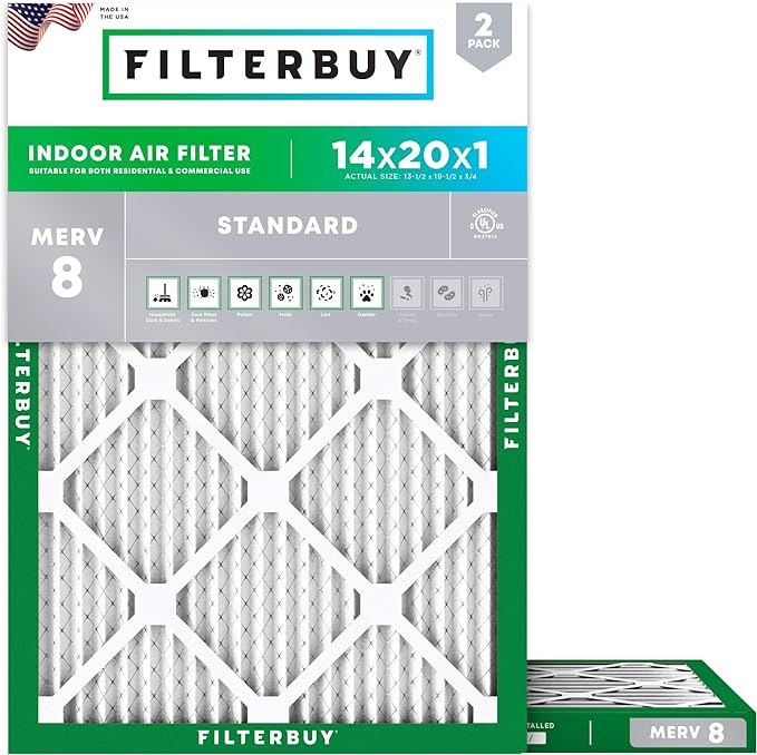 Filterbuy 14x20x1 Air Filter MERV 8 Essential Dust & Allergy Defense (2-Pack), Electrostatic Pleated HVAC AC Furnace Filters Replacement, Made in USA (Actual Size: 13.50 x 19.50 x 0.75)