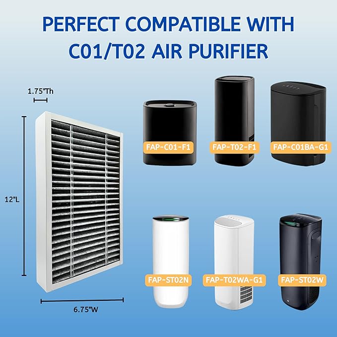 Nispira F1 C01 T02 Carbon Odor Reduction HEPA Filter Replacement For 3M Filtrete Room Air Purifier FAP-C01-F1, FAP-T02-F1, FAPF-F1-O, FAP-C01BA-G1, FAP-T02WA-G1, FAP-ST02W, FAP-ST02N 6 Packs