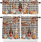 Thanksgiving Gnomes Kitchen Curtain Set, Fallen Maple Leaf Pumpkin Black Plaid Window Valance and Tiers 24" Length, Light Filtering Short Curtains Valance for Cafe Bathroom Bedroom 54"x18"
