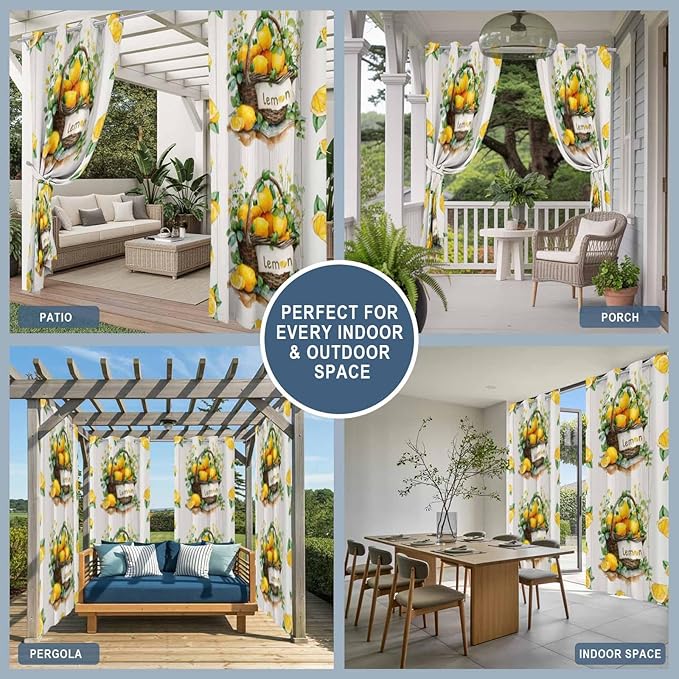 Lemon Outdoor Curtains for Patio Lemons Baskets Summer Tropical Plant Wood Waterproof Outside Curtains with Grommet Top Weatherproof Curtain for Cabana Pergola Gazebo, 2 Pack, 54" W x 108" L