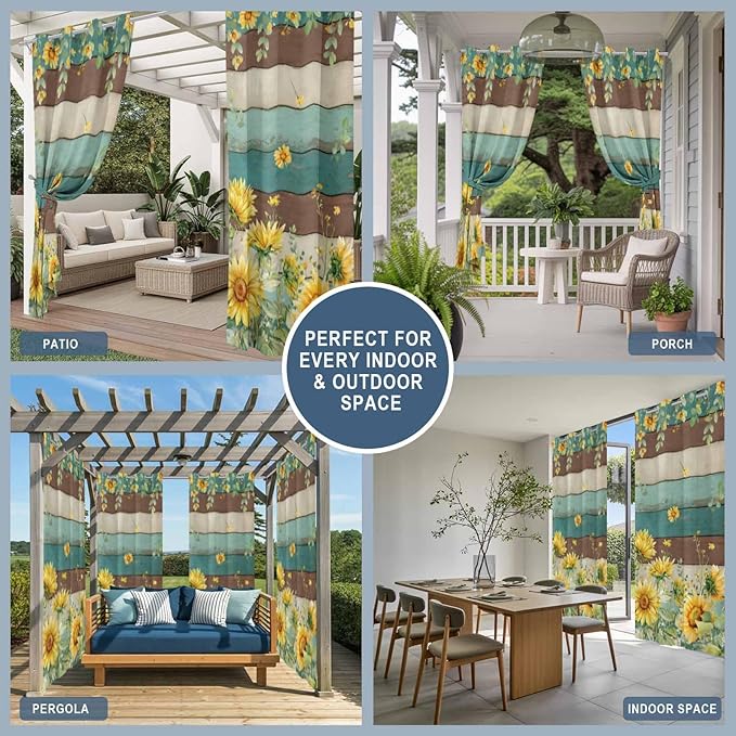 Sunflowers Outdoor Curtains for Patio Summer Floral Eucalyptus Leaves Vintage Wood Waterproof Outside Curtains with Grommet Top Weatherproof Curtain for Cabana Pergola Gazebo, 2 Pack, 54" W x 95" L