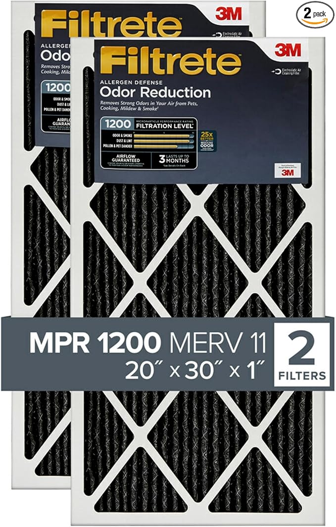 Filtrete 20x30x1 Air Filter, MPR 1200, MERV 11, Allergen Defense Odor Reduction 3-Month Pleated 1-Inch Air Filters, 2 Filters
