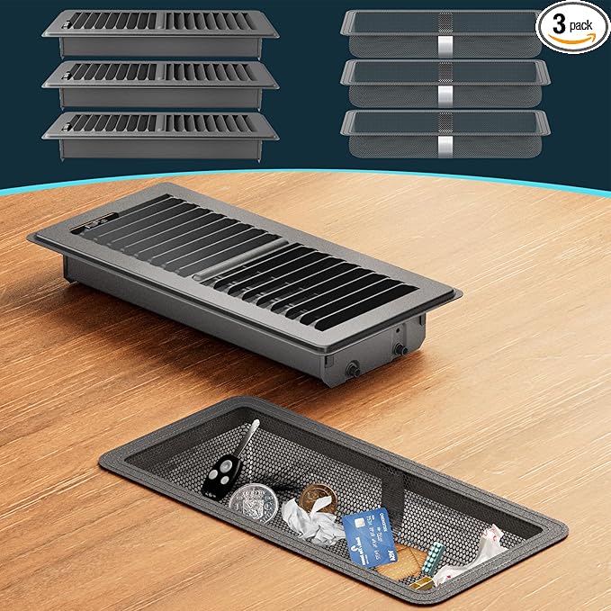 Floor Register 4 x 10 Inch, HG Power 3 Pack Heavy Duty Floor Vent Covers for Home with Screen Net, Adjust Metal Rust Proof Finish Air Vent for Kitchen, Heat, Office