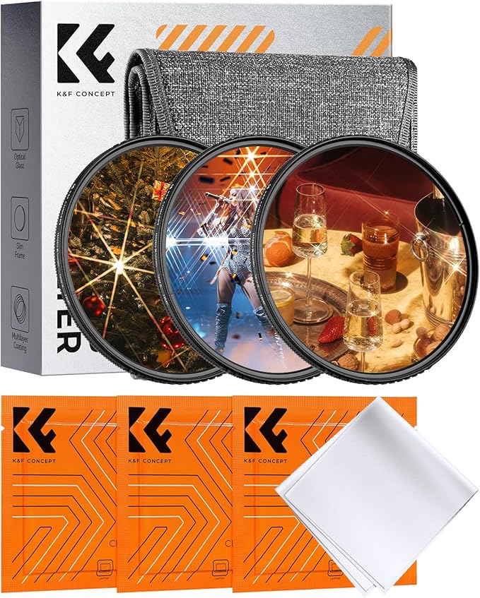 K&F CONCEPT 49mm Star Filters Kit (3pcs) 4 Points 6 Points 8 Points Cross Screen Starburst Filters Set -18 Layer Coating Ultra Slim Optical Glass Camera Lens Filter with 3 Cleaning Cloth
