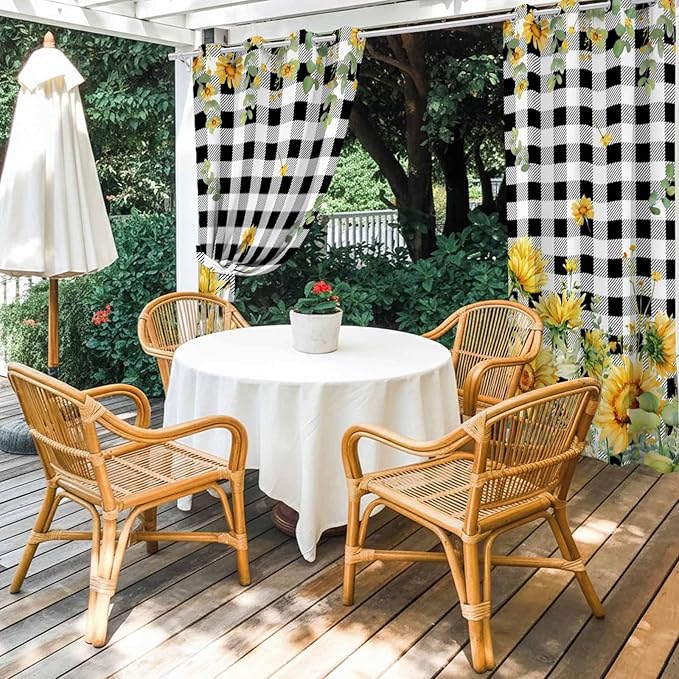 Sunflowers Outdoor Curtains for Patio Summer Floral Eucalyptus Leaf Buffalo Check Waterproof Outside Curtains with Grommet Top Weatherproof Curtain for Cabana Pergola Gazebo, 1 Panel, 54" W x 84" L
