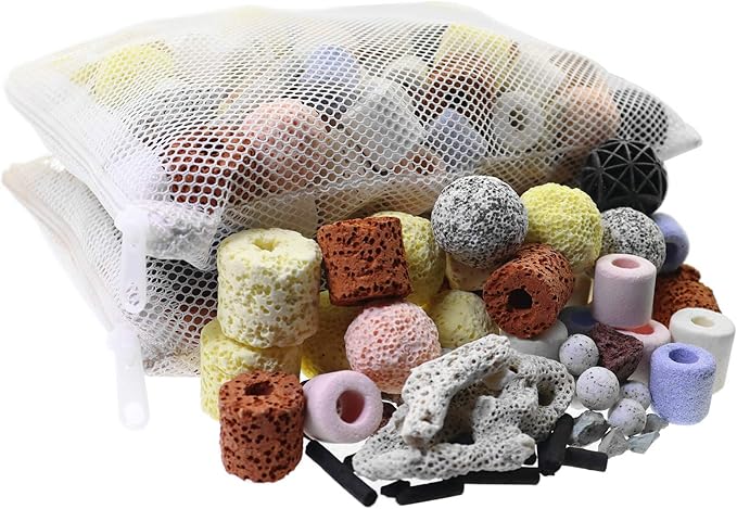 Aquarium Filter Media 15-in-1 Mineral Balls & Ceramic Rings - 1000g with Zippered Mesh Bag for Fish Tank/Pond Filters