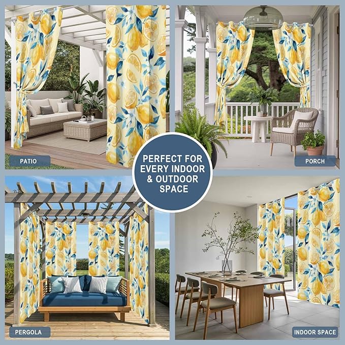 Lemon Outdoor Curtains for Patio Lemon Leaves Summer Plants Begin Waterproof Outside Curtains with Grommet Top Weatherproof Curtain for Cabana Pergola Gazebo, 2 Pack, 54" W x 95" L
