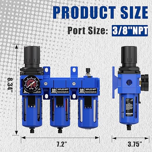 NEWPO 3/8'' NPT Compressed Air Filter Regulator Lubricator Combo Water/Oil Trap Separator with Pressure Gauge,Brass Filter and Coalescing Filter,Semi-Auto Drain, Metal Bracket-Blue