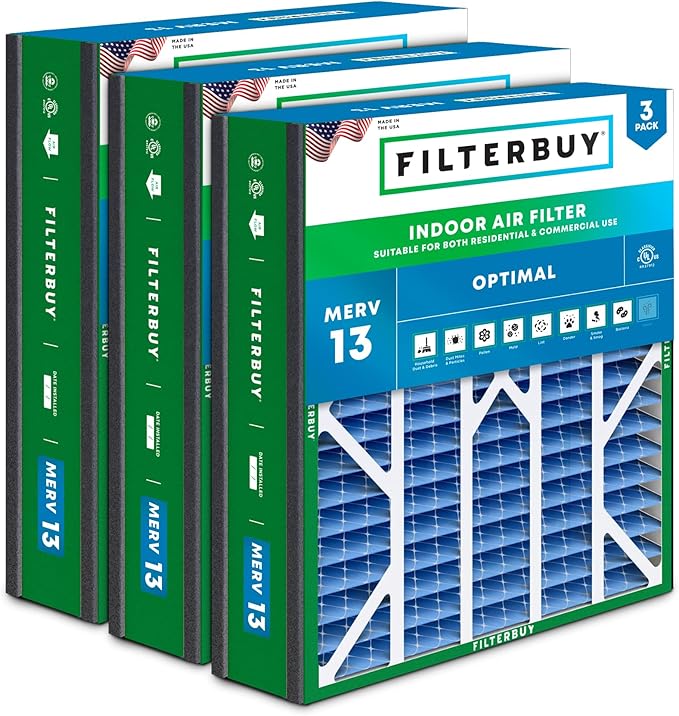 Filterbuy 20x25x5 Air Filter MERV 13 Optimal Smoke & Allergy Defense (3-Pack), Pleated HVAC AC Furnace Filters for Trion Air Bear, Generalaire, Skuttle, and More (Actual Size: 19.63 x 24.13 x 4.88)