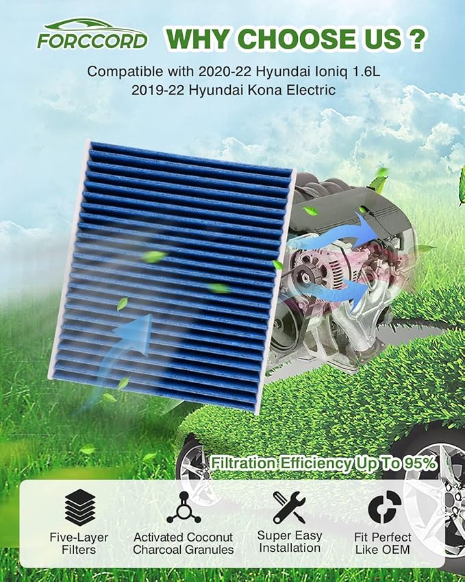 2-Pack HEPA Cabin Air Filter Fits for Ioniq 1.6L(2020-22 23), Kona Electric(19-22 23 24 25 26) Activated Carbon Cabin Filter Replacement for 97133K4000 Car Accessories