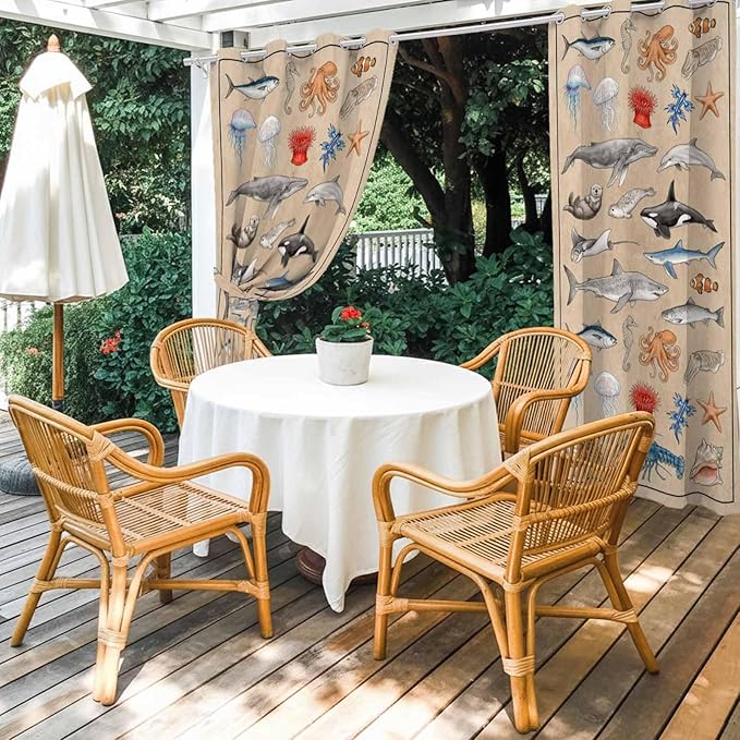 Vintage Outdoor Curtains for Patio Sharks Whales Lobsters Biographies Waterproof Outside Curtains with Grommet Top Weatherproof Curtain for Cabana Pergola Gazebo, 1 Panel, 54" W x 108" L