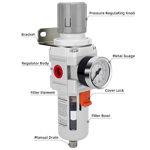 NANPU 1/2" NPT Compressed Air Filter Regulator Combo Piggyback, 5 Micron Brass Element, Poly Bowl, Semi-Auto Drain, Metal Bracket, 0-150 psi Gauge