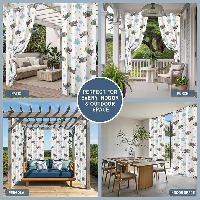 Turquoise Airplane Waterproof Outdoor Curtains for Patio,Windproof Weatherproof Curtains with Weighted Hem,Modern Art Cartoon Aircraft Clouds Light Filtering Privacy Porch Drapes 54"x 108" 2 Panels