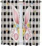 Easter Window Curtains 63 Inch Long 2 Panel Set, Rod Pocket Bedroom Curtains & Drapes, Spring Rabbits Ears Feet Wildflowers Black Plaid Light Filtering Window Treatment for Living Room 42"W x 63"L