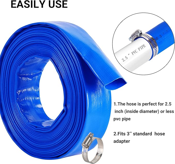3" x 50 FT Pool Backwash Hose, Blue Heavy Duty Reinforced PVC Lay Flat Water Discharge Hose for Swimming Pool Filter Pump,with 2 Clamp