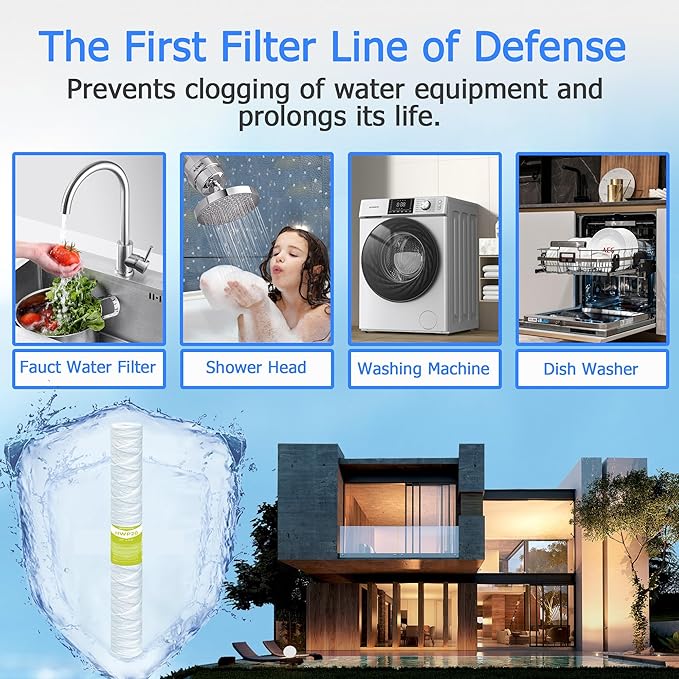5 Micron Whole House Water Filter Cartridge, String Wound Sediment Filters for Well Water, Universal Replacement for Any 20 inch Silm Housings - 20" x 2.5" Cartridges - Pack of 6