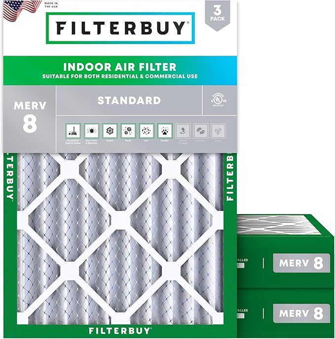 Filterbuy 22x28x4 Air Filter MERV 8 Essential Dust & Allergy Defense (3-Pack), Electrostatic Pleated HVAC AC Furnace Filters Replacement, Made in USA (Actual Size: 22.00 x 28.00 x 3.63)