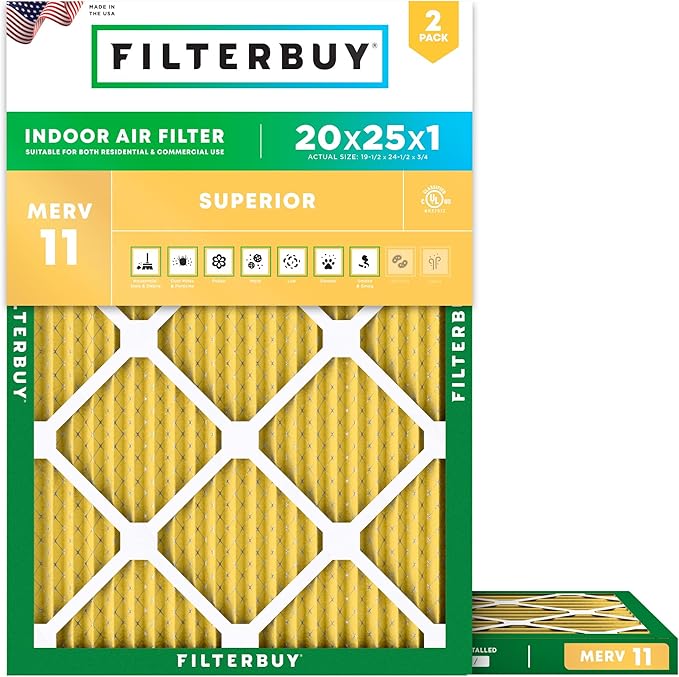 Filterbuy 20x25x1 Air Filter MERV 11 Superior Pet & Allergy Defense (2-Pack), Electrostatic Pleated HVAC AC Furnace Filters Replacement, Made in USA (Actual Size: 19.50 x 24.50 x 0.75)