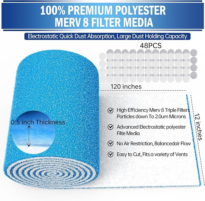 UBeesize Air Vent Filters, 120" x 12" Cut to Size Air Filter Material (50+ Filters), MERV 8 Triple Vent Filter Kit for Home Floor, Grilles, Ceiling, HVAC Furnace Vents, With 48PCs Adhesive Hook Tape