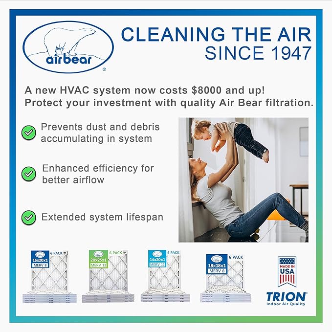 16x25x3 Air Filter MERV 11 (3-Pack) TRION Air Bear Pleated HVAC Air Filter Replacement (Actual Size: 15.75 x 24.25 x 3.0625 Inches)