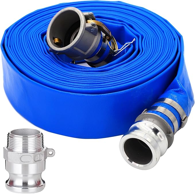 DAVCO 1-1/2" ID × 50 ft PVC Lay Flat Discharge Hose, Heavy Duty Reinforced Blue Pool Backwash Hoses For Swimming Drain Pools, with Aluminum Camlock C and E Fittings, Cam Lock Fitting Type F included