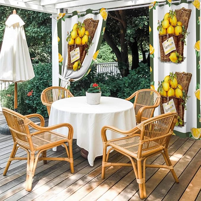 Lemon Outdoor Curtains for Patio Lemons in Baskets Summer Tropical Plants Green Waterproof Outside Curtains with Grommet Top Weatherproof Curtain for Cabana Pergola Gazebo, 2 Pack, 54" W x 84" L