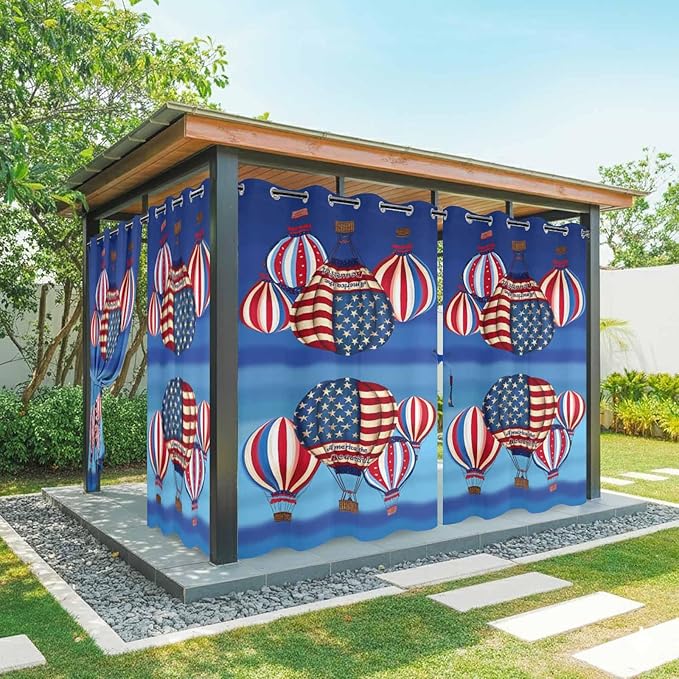 Independence Day Waterproof Outdoor Curtains for Patio, Windproof Weatherproof Curtains with Weighted Hem, Hot Air Balloon Patriotic Star Light Filtering Privacy Drapes for Porch 54"x 95" 2 Panels