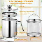 Chihee Grease Container Deep Fryer 2 in 1 Stainless Steel Bacon Grease Saver with Fine Mesh Strainer Fry Basket 2L / 67.6 fl oz Oil Container Grease Can with Lid Tray for Kitchen Storing Frying