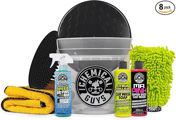 Chemical Guys Car Cleaning Kit, Complete Car Wash Kit with Soap, Wash Bucket, 3-16 oz Car Care Cleaners, Interior and Exterior Cleaning Essentials, 8 Item Detailing Set